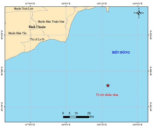 Tâm chấn trận động đất sáng nay tại vùng biển ngoài khơi Bình Thuận. Nguồn: Trung tâm Báo tin động đất và cảnh báo sóng thần.