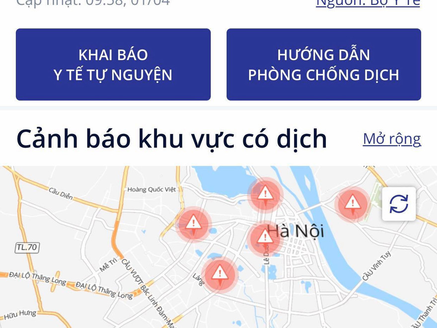 Chức năng mở rộng bản đồ của ứng dụng khai báo y tế NCOVI.