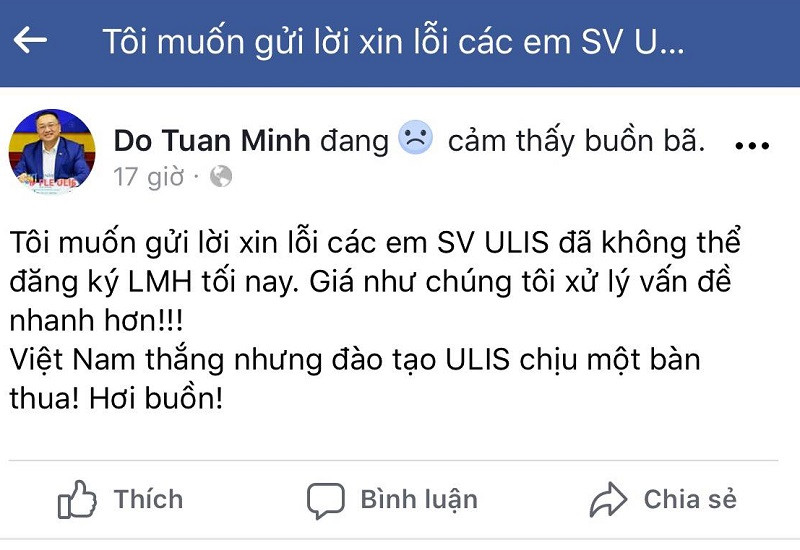 Thầy Đỗ Tuấn Minh đăng đàn xin lỗi sinh viên vì sự cố sập mạng cổng thông tin đăng ký môn học tối 24/11
