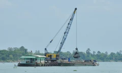 Khai thác cát trên sông Tiền.