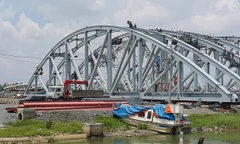 Khu vực lắp ráp nhịp cầu Ghềnh - nơi xảy ra tai nạn chết người. Ảnh: D.T.