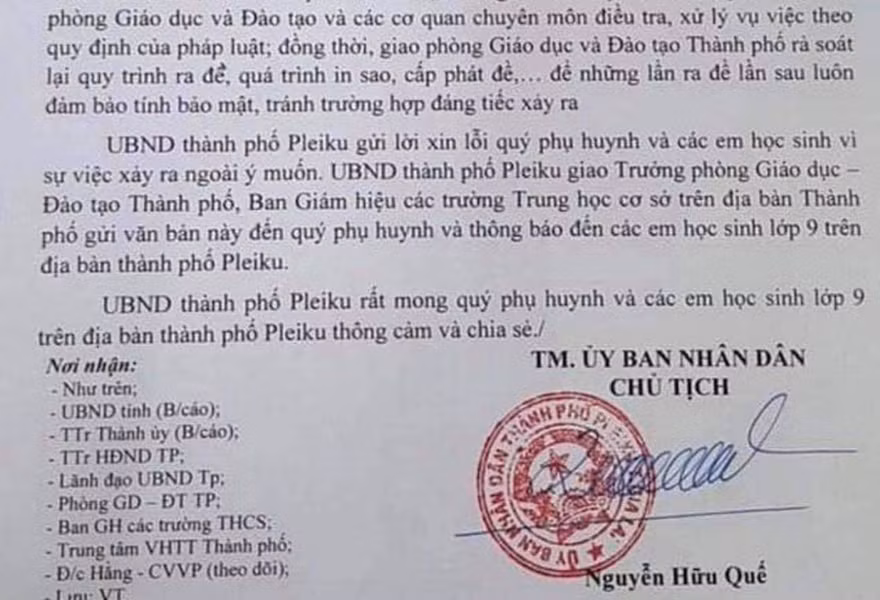 Công văn xin lỗi phụ huynh của UBND thành phố Pleiku