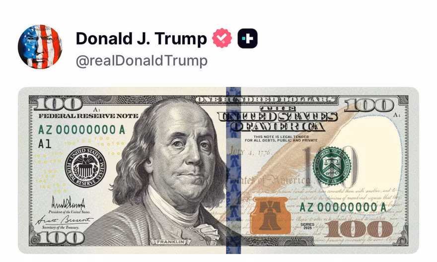 Tổng thống Mỹ Trump công bố mẫu tờ 100 USD mới mang chữ ký của mình