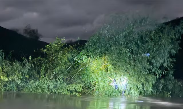 Ô tô bị cuốn trôi, hai người bám vào bụi tre kẹt giữa dòng lũ