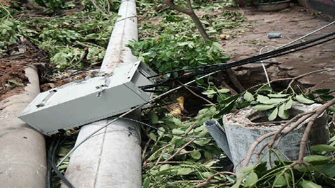 Cột điện gãy rỗng lõi trên đường Quang Trung. Ảnh: T.H