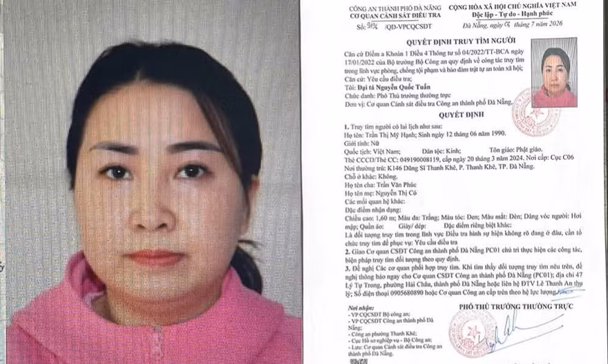 Công an TP Đà Nẵng đã phát thông báo truy tìm Trần Thị Mỹ Hạnh để phục vụ công tác điều tra