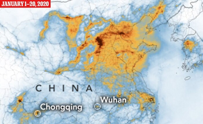 Khu vực có khí nitơ dioxide được bao phủ bởi màu vàng cam, màu càng sẫm thì nồng độ khí càng cao. Khu vực có khí nitơ dioxide được bao phủ bởi màu vàng cam, màu càng sẫm thì nồng độ khí càng cao.