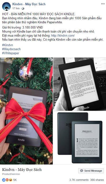 Bài đăng lừa đảo được tài khoản "Kindvn - Máy Đọc Sách" mua quảng cáo Facebook để phát tán. Bài đăng lừa đảo được tài khoản "Kindvn - Máy Đọc Sách" mua quảng cáo Facebook để phát tán.