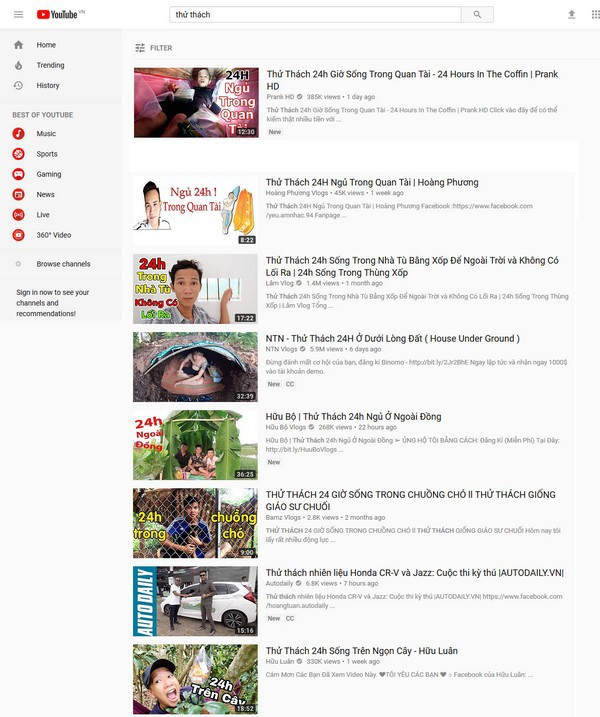 Tìm kiếm với từ khóa “Thử thách” trên Youtube, rất nhiều video của các bạn trẻ Việt thực hiện các “thử thách” từ mạo hiểm đến điên rồ để quay video đưa lên Youtube. Tìm kiếm với từ khóa “Thử thách” trên Youtube, rất nhiều video của các bạn trẻ Việt thực hiện các “thử thách” từ mạo hiểm đến điên rồ để quay video đưa lên Youtube.