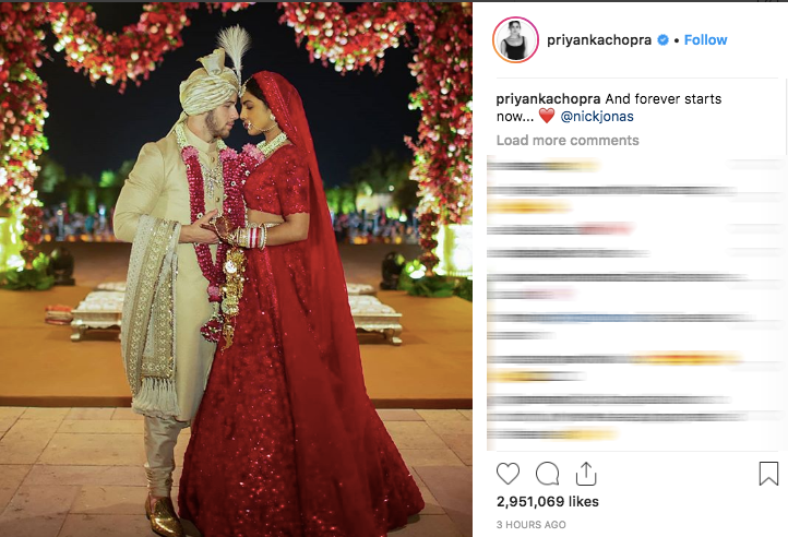 Hôn lễ truyền thống đã được cử hành tại Ấn Độ. Priyanka đã đăng tải lên Intagram của mình với lời chia sẻ: