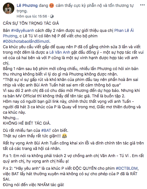 Lê Phương khá bức xúc, yêu cầu nam ca sĩ Bùi Anh Tuấn phải công khai xin lỗi và đính chính rộng rãi. Lê Phương khá bức xúc, yêu cầu nam ca sĩ Bùi Anh Tuấn phải công khai xin lỗi và đính chính rộng rãi.