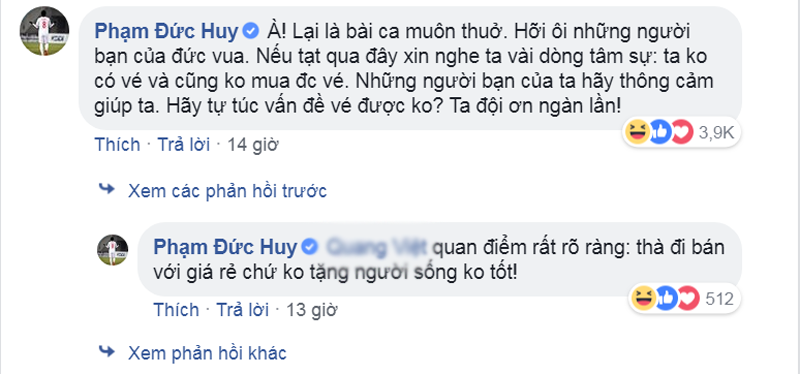 Dòng bình luận hài hước của "quàng thượng" Đức Huy về việc bị xin vé nhận được nghìn lượt thích. Dòng bình luận hài hước của "quàng thượng" Đức Huy về việc bị xin vé nhận được nghìn lượt thích.