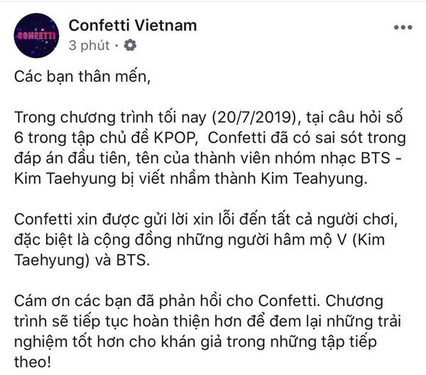 Lời xin lỗi của BTC Confetti Vietnam sau khi viết sai tên thành viên V của BTS. Lời xin lỗi của BTC Confetti Vietnam sau khi viết sai tên thành viên V của BTS.