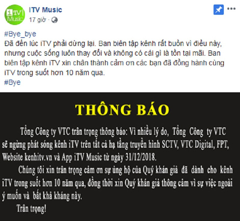Thông báo chính thức về việc kênh iTV ngừng hoạt động. Thông báo chính thức về việc kênh iTV ngừng hoạt động.