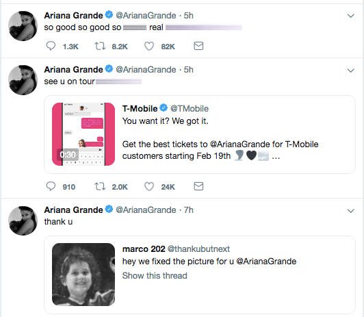 Ariana đã liên tục cập nhật Twitter của mình.