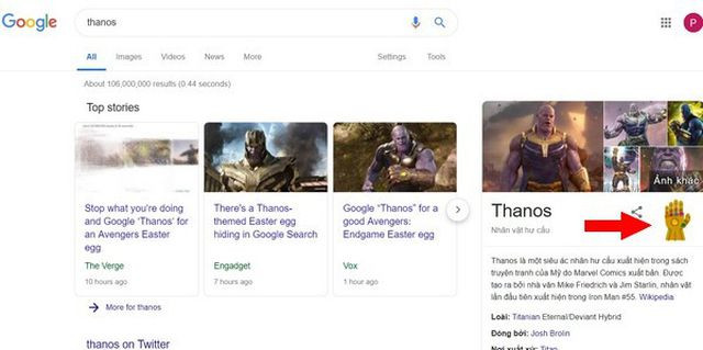 “Găng tay vô cực” xuất hiện khi tìm kiếm với từ khóa “Thanos”, làm tan biến 1/2 kết quả tìm kiếm trên Google “Găng tay vô cực” xuất hiện khi tìm kiếm với từ khóa “Thanos”, làm tan biến 1/2 kết quả tìm kiếm trên Google