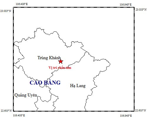 Tâm chấn trận động đất thứ 2 xảy ra tại huyện Trùng Khánh (Cao Bằng) trong sáng nay. Tâm chấn trận động đất thứ 2 xảy ra tại huyện Trùng Khánh (Cao Bằng) trong sáng nay.