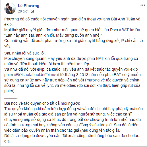 Nhạc sĩ Lê Phương cuối cùng đã nhận lời xin lỗi của Bùi Anh Tuấn. Nhạc sĩ Lê Phương cuối cùng đã nhận lời xin lỗi của Bùi Anh Tuấn.