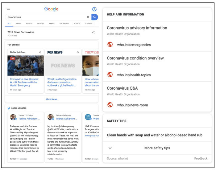 Google kích hoạt chế độ SOS khi tìm kiếm từ khoá coronavirus. (Ảnh: Google) Google kích hoạt chế độ SOS khi tìm kiếm từ khoá coronavirus. (Ảnh: Google)