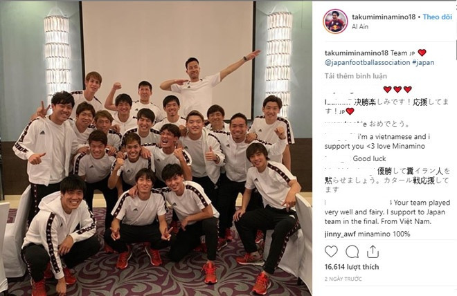 Đăng ảnh lên Instagram, Minamino nhận được "mưa" lời chúc và khen ngợi của cổ động viên đến từ Việt Nam. Đăng ảnh lên Instagram, Minamino nhận được "mưa" lời chúc và khen ngợi của cổ động viên đến từ Việt Nam.