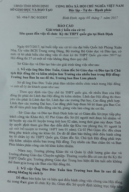 Người tố cáo không đồng tình với cách giải thích của Sở GD&ĐT Bình Định cũng như kết luận của UBKT Tỉnh ủy Bình Định đối với vi phạm của ông Đào Đức Tuấn - Giám đốc Sở này. Người tố cáo không đồng tình với cách giải thích của Sở GD&ĐT Bình Định cũng như kết luận của UBKT Tỉnh ủy Bình Định đối với vi phạm của ông Đào Đức Tuấn - Giám đốc Sở này.