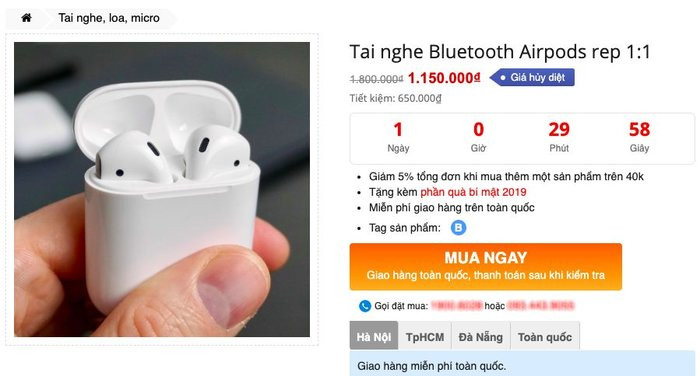 Một website rao bán những chiếc AirPods “nhái”. (Ảnh chụp màn hình) Một website rao bán những chiếc AirPods “nhái”. (Ảnh chụp màn hình)