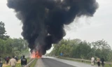 Hiện trường cháy xe bồn trên đường cao tốc Nội Bài - Lào Cai