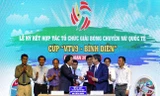 Quang cảnh lễ họp báo công bố cúp Bóng chuyền nữ Bình Điền-VTV9 tại Tp Hồ Chí Minh hôm 10/4.