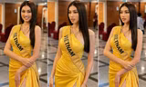 Ngọc Thảo mặc màu vàng 'phong thuỷ' cực lộng lẫy bước vào vòng phỏng vấn ở Miss Grand 