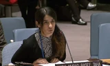 Nadia Murad Basee Taha phát biểu trước Hội đồng Bảo an Liên Hợp Quốc. Ảnh: UNTV