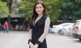 Hoa hậu Mỹ Linh tại buổi giao lưu với sinh viên Ngoại thương sáng 10/5. Ảnh: Như Ý.