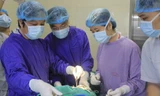 Các BS đang thực hiện phẫu thuật cho bệnh nhân. Ảnh: Bệnh viện cung cấp