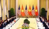 Tổng Bí thư, Chủ tịch nước Nguyễn Phú Trọng hội đàm với Tổng thống Donald Trump sáng ngày 27/2 tại Phủ Chủ tịch ảnh: Như Ý