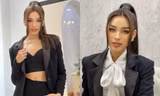 Hoa hậu Đỗ Thị Hà biến hóa phong cách với suit đen, tạo dáng "cool ngầu" ở thang máy