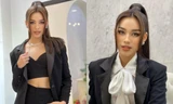 Hoa hậu Đỗ Thị Hà biến hóa phong cách với suit đen, tạo dáng "cool ngầu" ở thang máy