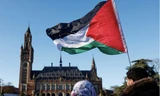 Những người ủng hộ Palestine tập trung bên ngoài trụ sở ICJ trước khi toà ra phán quyết. (Ảnh: Reuters)