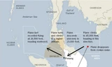 Chiếc MH370 của Malaysia có thể đã bay lên cao 13.700m, đổi hướng, đi về phía đảo Penang, rồi giảm độ cao xuống còn 7.000m, trước khi tăng độ cao và bay theo hướng tây bắc về phía Ấn Độ Dương. Đồ họa: New York Times