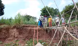Người dân ấp Long Thượng, xã Kiến An đứng trước bờ sông vừa sạt lở do khai thác cát Ảnh: Kim Hà