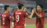 Các cầu thủ Việt Nam ăn mừng bàn mở tỷ số trận đấu của Công Vinh.