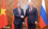 Tổng Bí thư Tô Lâm hội kiến với Chủ tịch Duma Nga Vyacheslav Volodin. Ảnh: TTXVN 