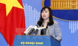 Người phát ngôn Bộ Ngoại giao Lê Thị Thu Hằng chủ trì buổi họp báo. (Ảnh: Văn Điệp/TTXVN)