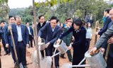 Phó Chủ tịch nước Đặng Thị Ngọc Thịnh cùng lãnh đạo các bộ ngành, tỉnh Phú Thọ tham gia trồng cây tại Khu di tích lịch sử Đền Hùng.