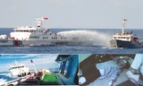 Tàu hải cảnh Trung Quốc dùng vòi rồng phun nước uy hiếp tàu Cảnh sát Biển Việt Nam (ảnh trên); Tàu hải cảnh Trung Quốc đâm vào vách tàu Việt Nam (ảnh trái); Kiểm ngư viên của Việt Nam bị thương do mảnh vỡ trên tàu văng ra (ảnh phải). Ảnh do Cảnh sát Biển 