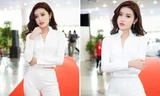 Á hậu Huyền My khoe eo thon với jumpsuit trắng muốt