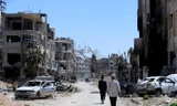 Cảnh đổ nát tại thị trấn Douma, Đông Ghouta, Syria ngày 16/4. (Nguồn: EPA/TTXVN)