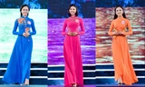 Những thí sinh đầu tiên bước ra sân khấu dự thi với trang phục áo dài.