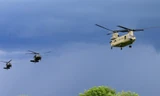 Trực thăng vận tải Chinook (trước) đang huấn luyện cùng 2 chiếc Black Hawk. Ảnh minh hoạ