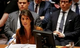 Đại sứ Mỹ tại Liên Hợp Quốc Nikki Haley trong cuộc họp UNSC ngày 9/4. Ảnh: Reuters