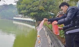 Nhiều người dân thả cá chép tại khu vực Hồ Gươm.