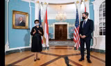 Ngoại trưởng Mỹ Antony Blinken và đồng cấp Indonesia trong cuộc họp báo chung ngày 3/8. (Ảnh: Reuters)